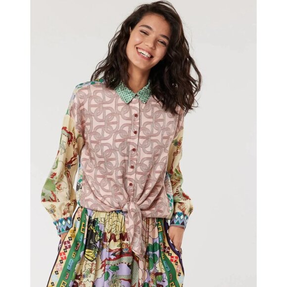 Me369 Womens Sofia Tie Front L'amour Blouse Button Up Long Sleeve Mixed Print XS - Picture 1 of 6